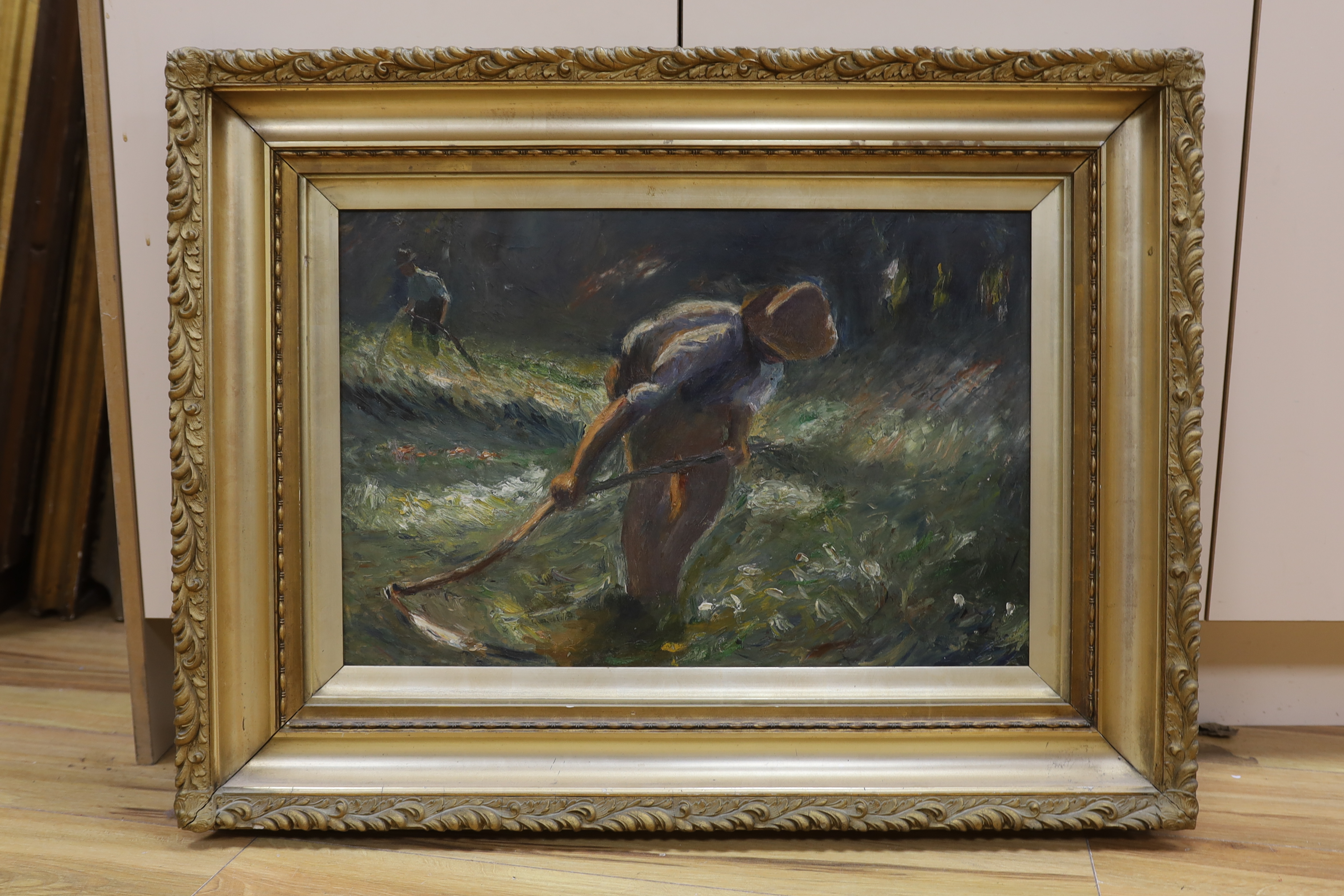 French School, Impressionist oil on canvas, Two figures with scythes, unsigned, 39 x 60cm, ornate gilt framed